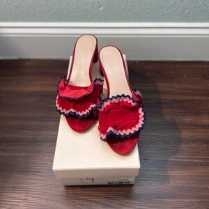Loeffler Randall Vera Ruffled Heeled Slide Sandal in bright red, size 9